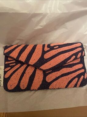 Beaded Envelope Clutch in Coral and Navy Abstract Zebra